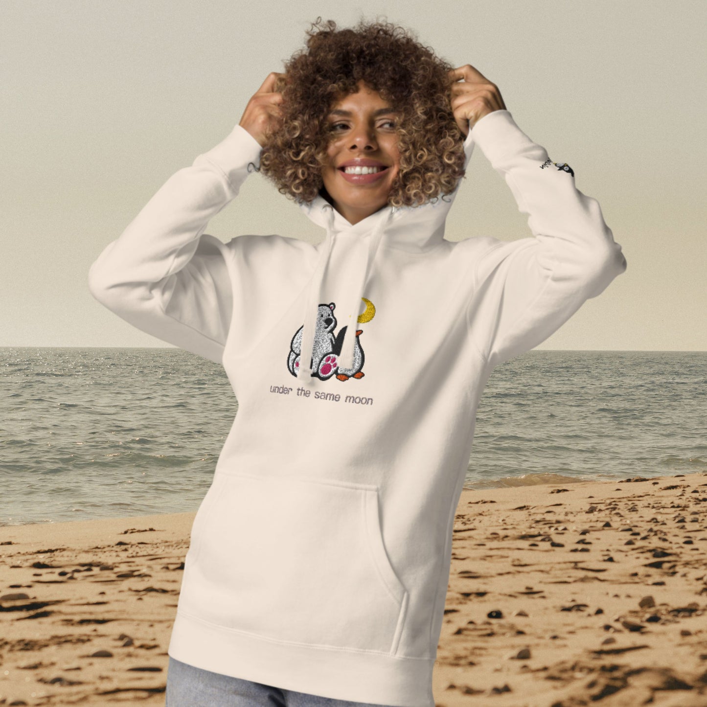 Polar Bear & Penguin at Moonlight – Embroidered Unisex Hoodie