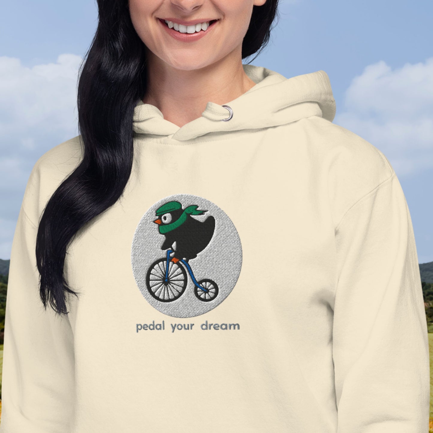 Masked Penguin on Bike – Embroidered Unisex Hoodie