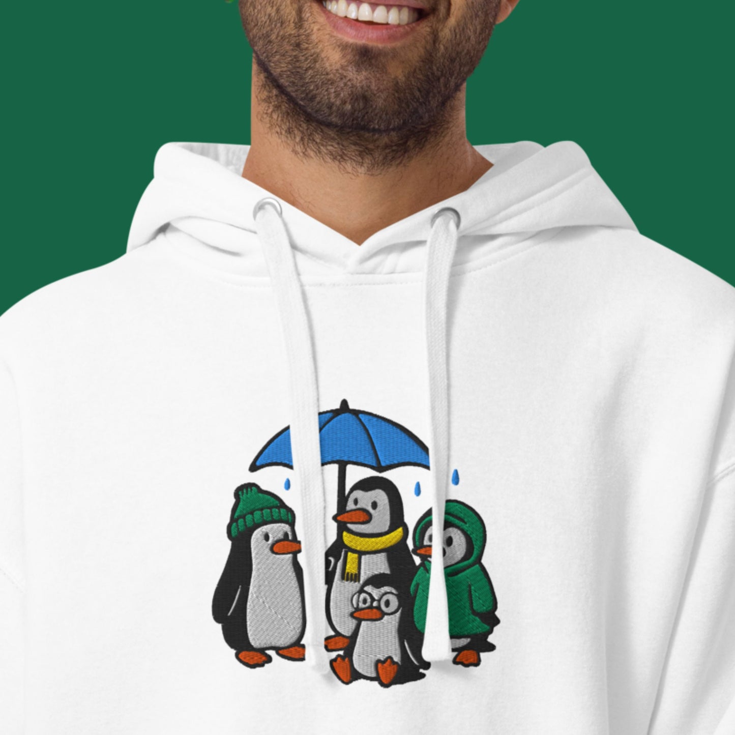 Penguin Family Under Rain – Embroidered Unisex Hoodie