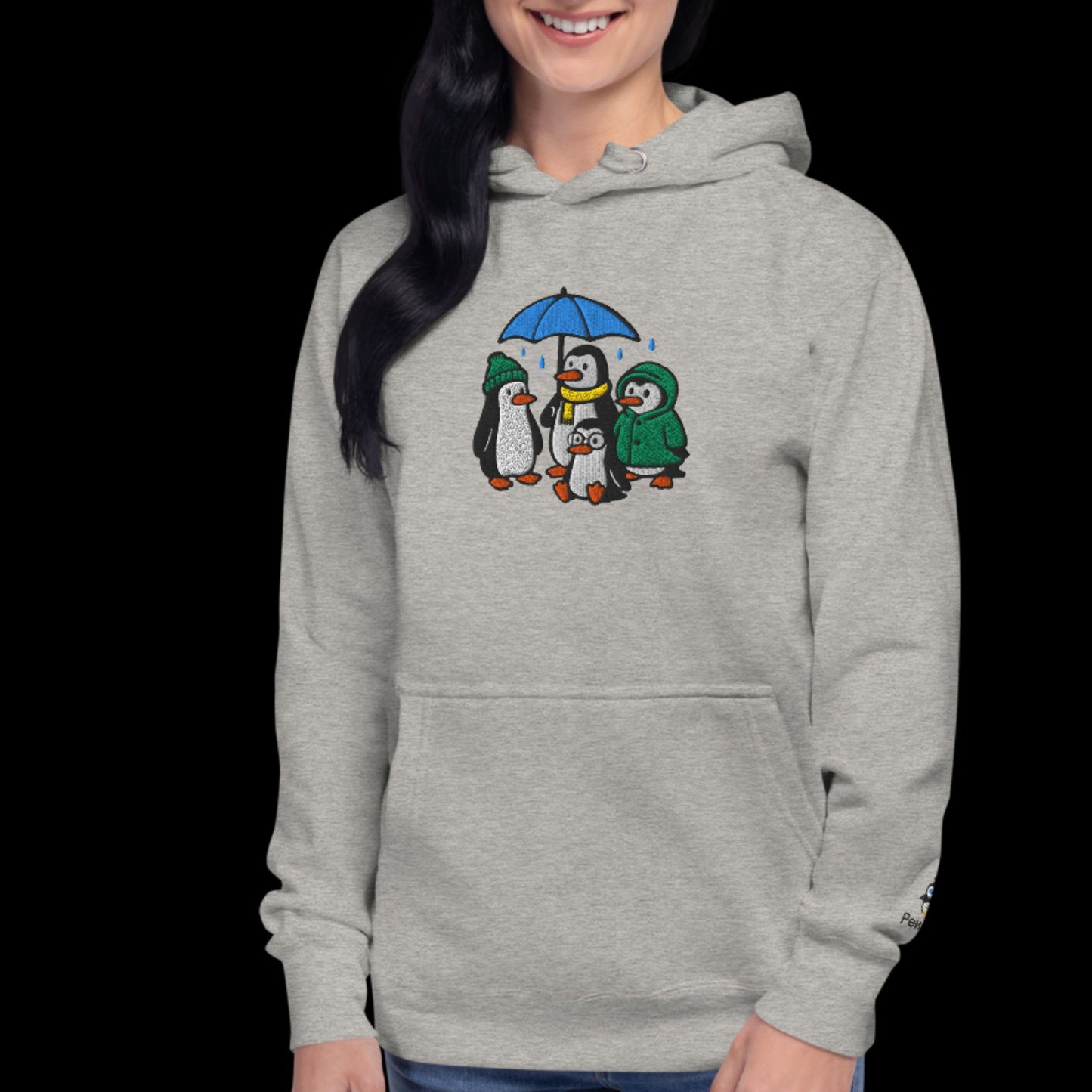 Penguin Family Under Rain – Embroidered Unisex Hoodie