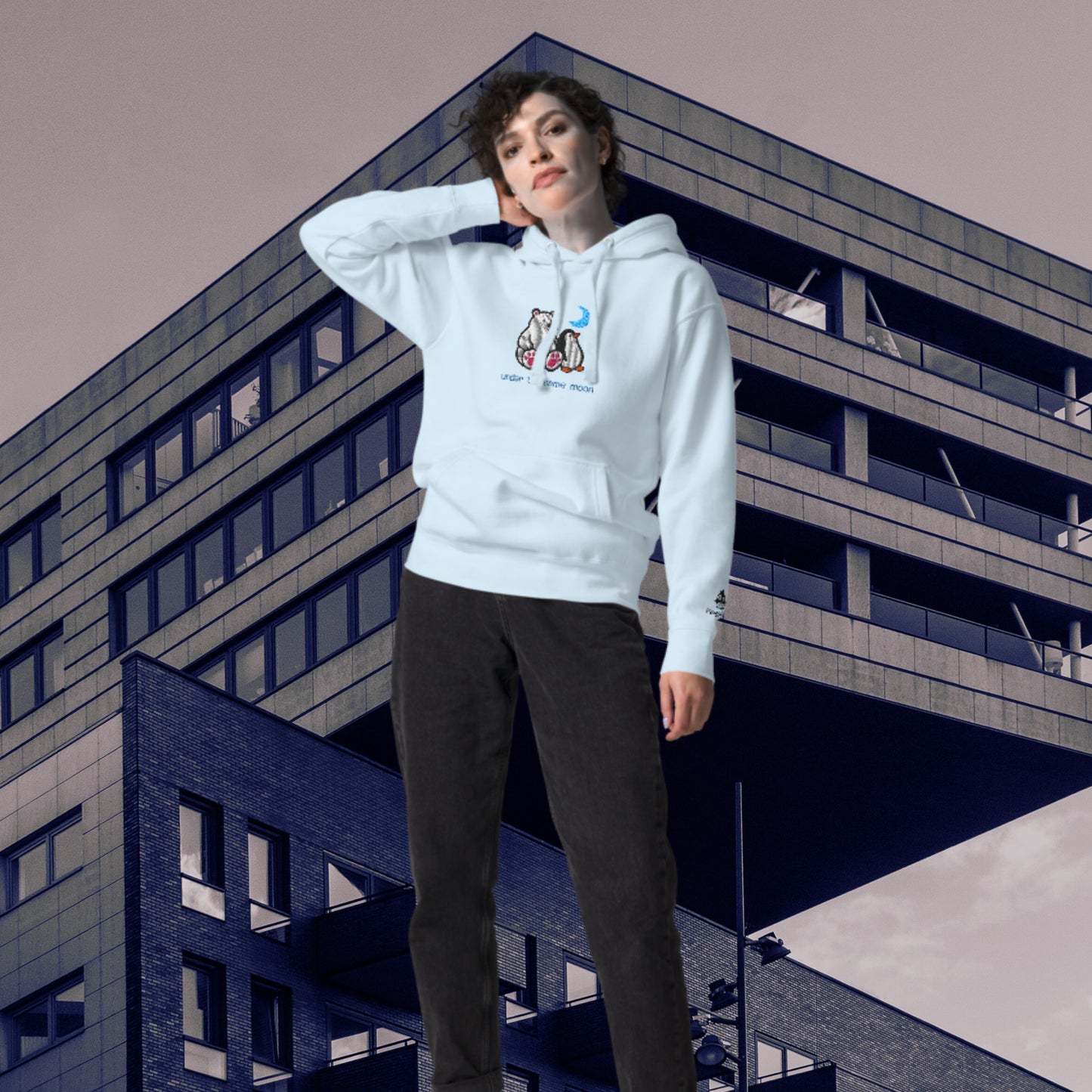 Polar Bear & Penguin at Moonlight – Embroidered Unisex Hoodie
